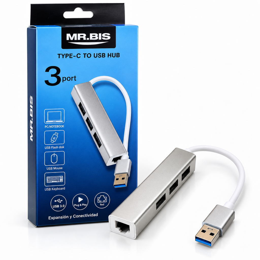 Hub USB 3 Puertos con Conexión de Red Ethernet