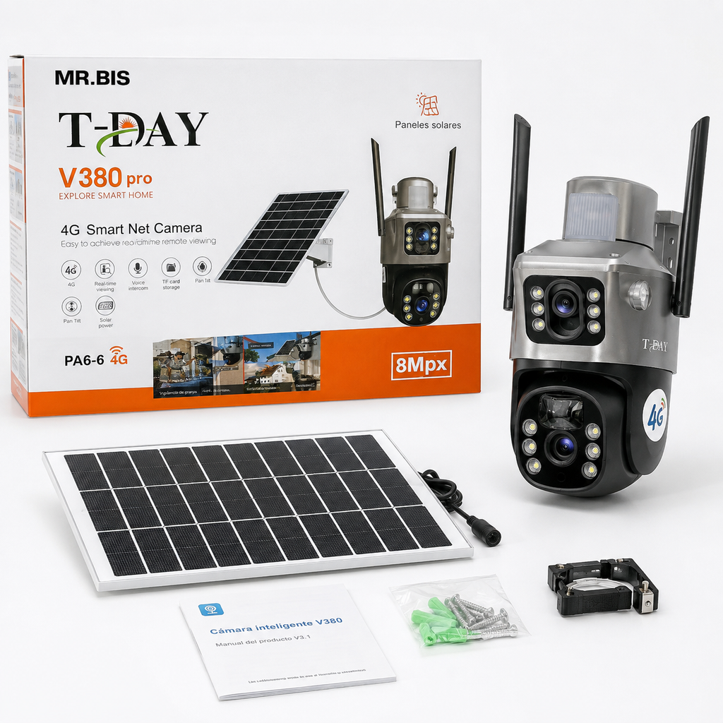 Cámara de Seguridad 4G Solar V380 Pro 8MP Doble Lente PTZ – 15,000 mAh