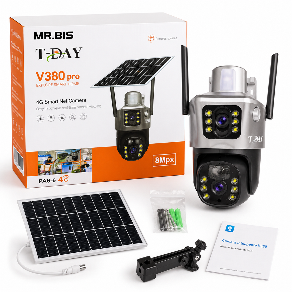 Cámara de Seguridad 4G Solar V380 Pro 8MP Doble Lente PTZ – 15,000 mAh