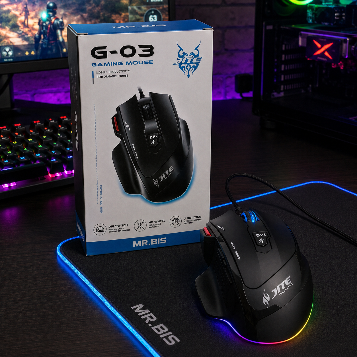 Mouse Gaming JITE G-03 – 7 Botones, DPI Ajustable y Rueda 4D