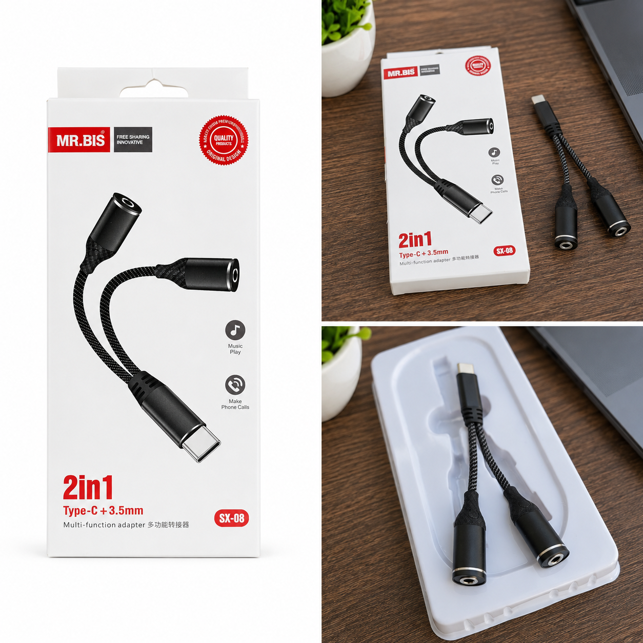 Adaptador 2 en 1 Type-C a 3.5 mm