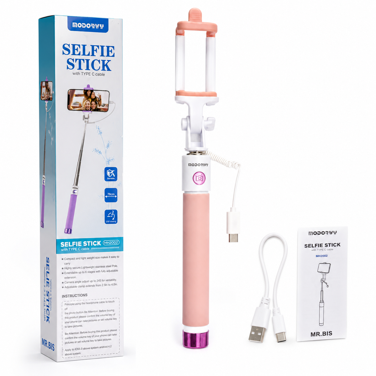 Selfie Stick MH2002 con Cable Type-C – Rosado