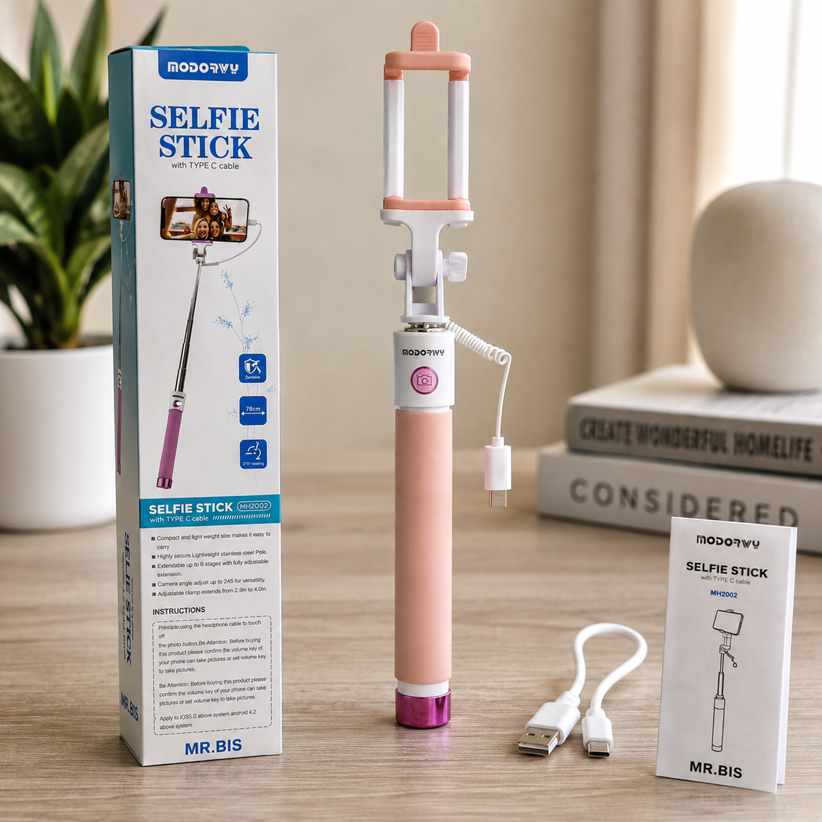 Selfie Stick MH2002 con Cable Type-C – Rosado